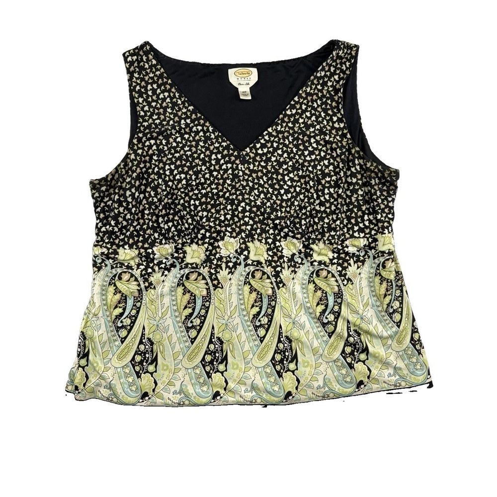 Talbots Petites 100% Silk Black Floral Lined Sleeveless Blouse Boho Preppy 16W